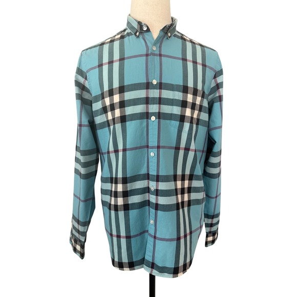 Burberry Brit Blue Plaid Button Down Long Sleeve Shirt Mens - Picture 1 of 7
